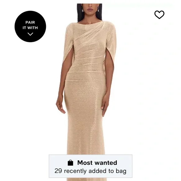 Betsy & Adam Long Metallic Crinkle Drape Gown Women's Dress Gold/Silver : 10